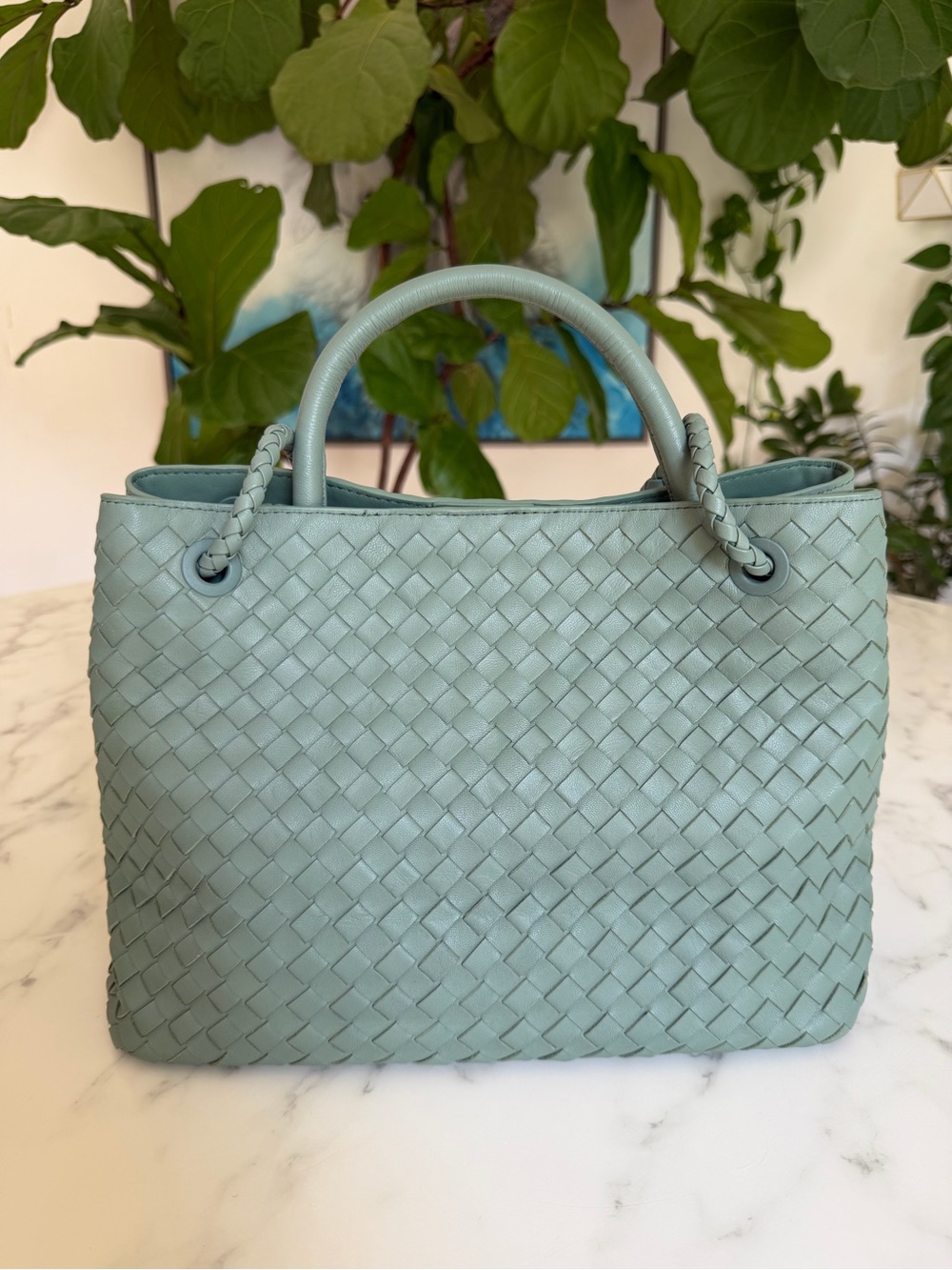 Quince Romy Italian Leather Handwoven Satchel Large Sage Green